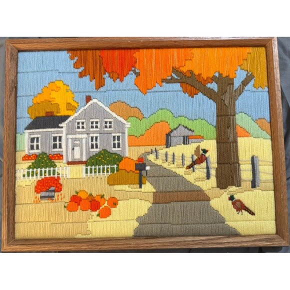 Vintage Creative Circle Long Stitch Country Fall Pumpkin Patch Framed Finished - Picture 1 of 6